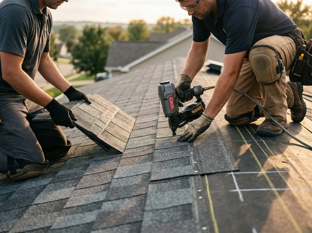 Professional roofer working on a residential roof in Orinda
